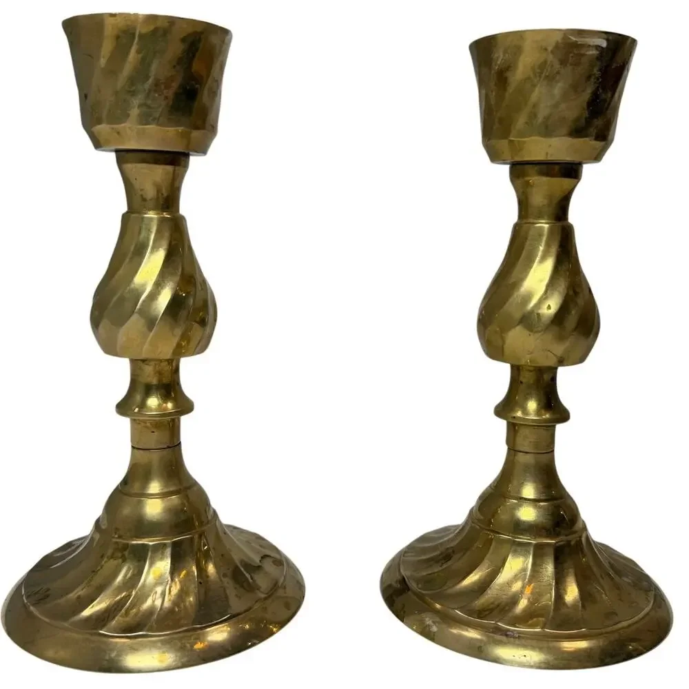 Vintage 80s Gold Brass Candlestick Holders Set of 2 Made in India 7.25